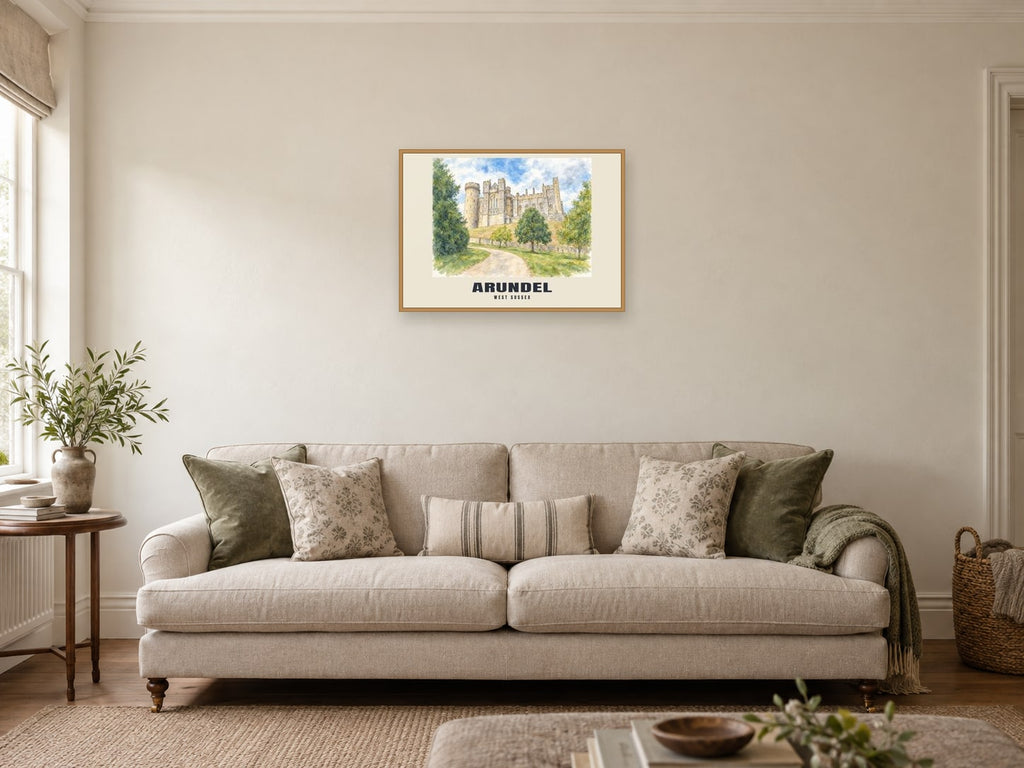 Arundel — English Watercolour Art Print at A2, in a natural wood frame, in a sitting room