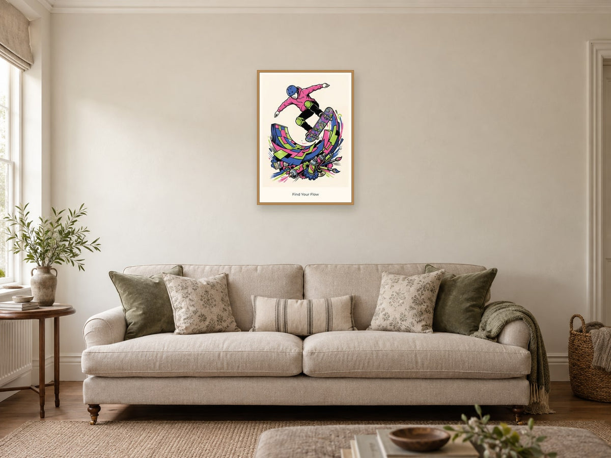 Find Your Flow — Skate & Create Children’s Art Print at A2, in a natural wood frame, in a sitting room