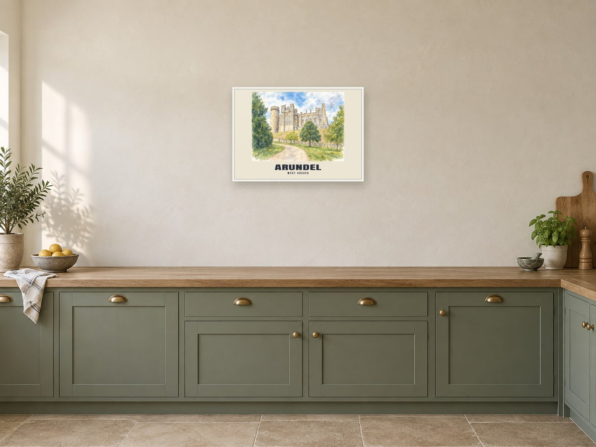 Arundel — English Watercolour Art Print at A2, in a white frame, in a kitchen
