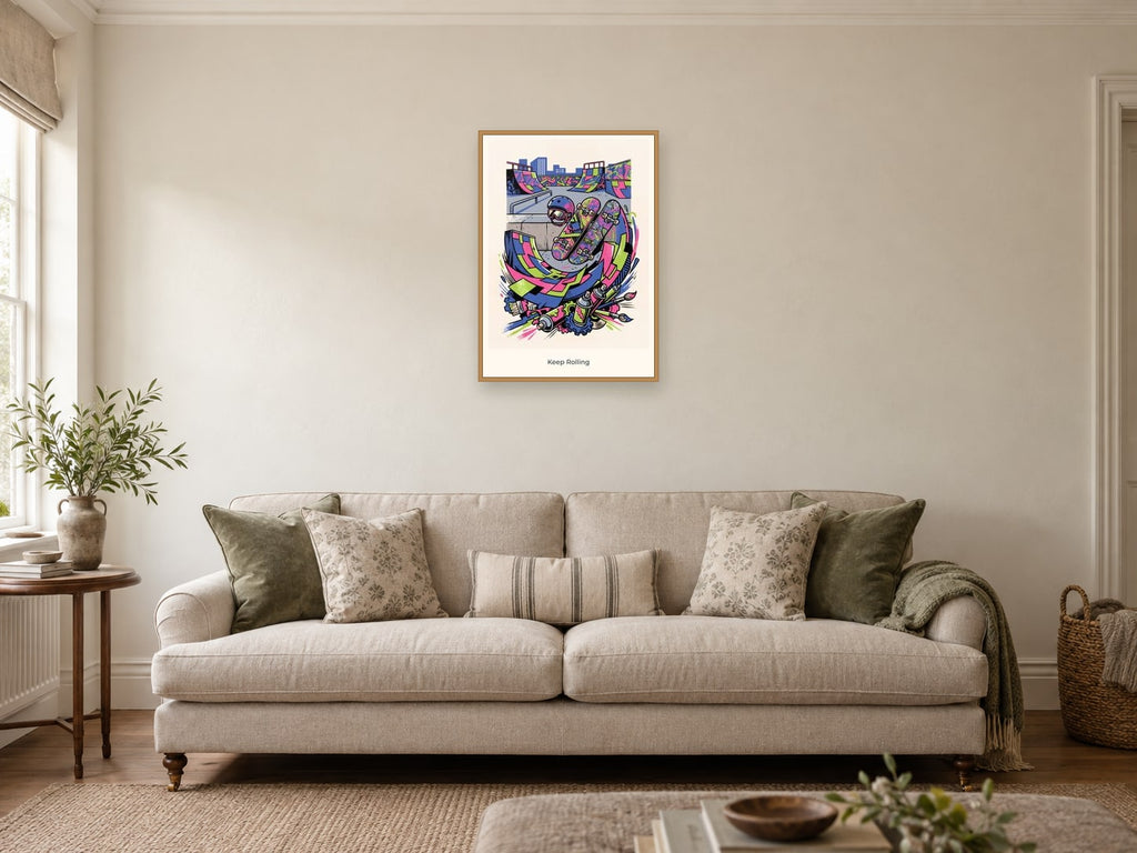 Keep Rolling — Skate & Create Children’s Art Print at A2, in a natural wood frame, in a sitting room