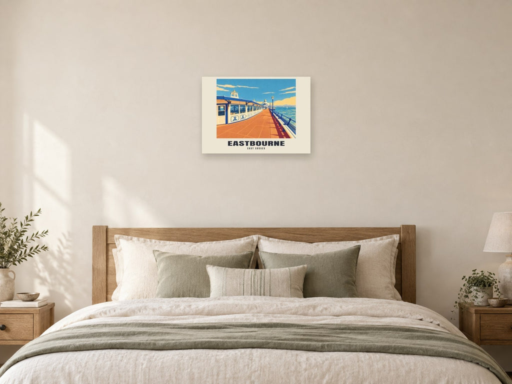 Eastbourne — Retro Railway Art Print at A2, as a poster, above a bed