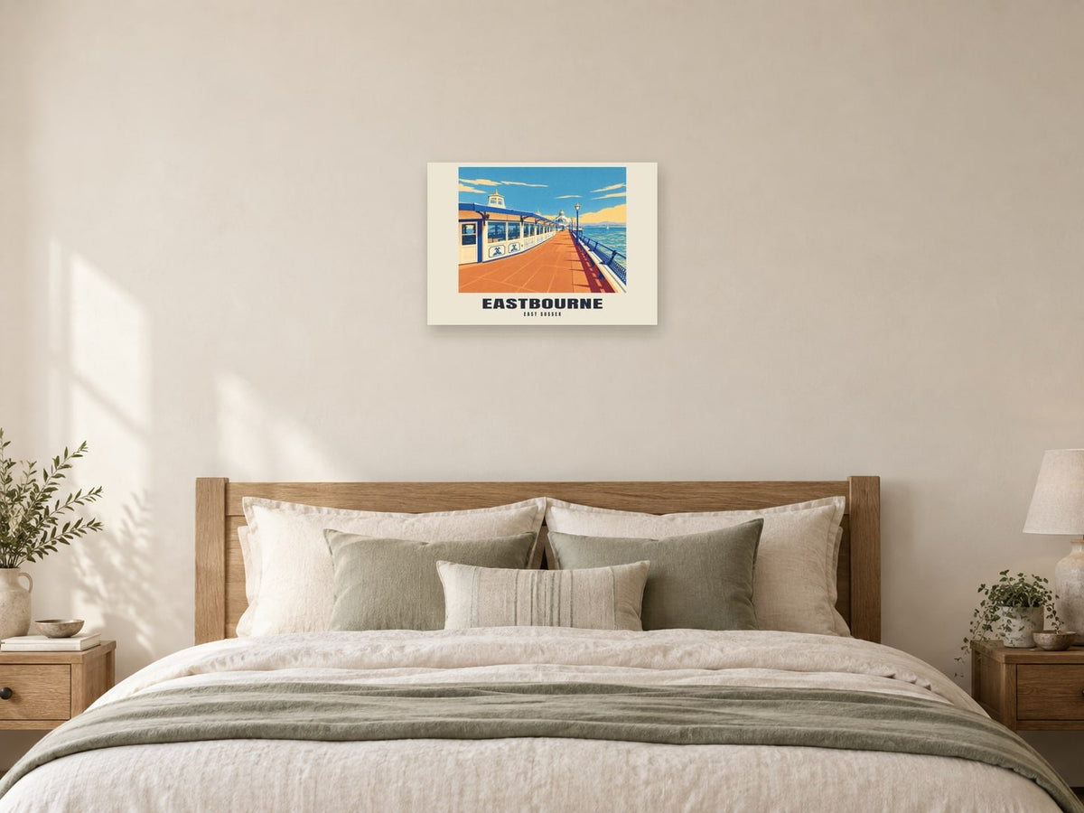 Eastbourne — Retro Railway Art Print at A2, as a poster, above a bed