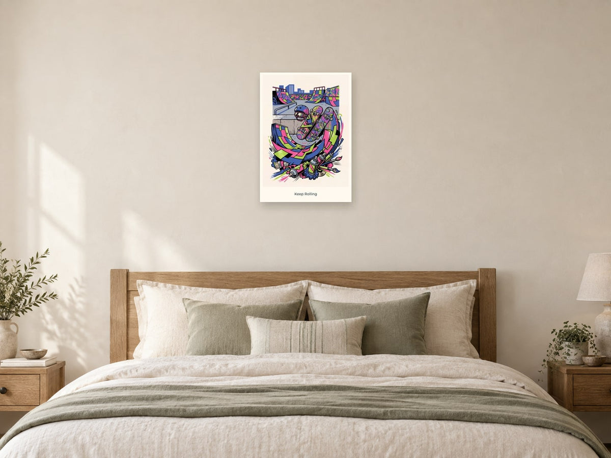 Keep Rolling — Skate & Create Children’s Art Print at A2, as a poster, above a bed