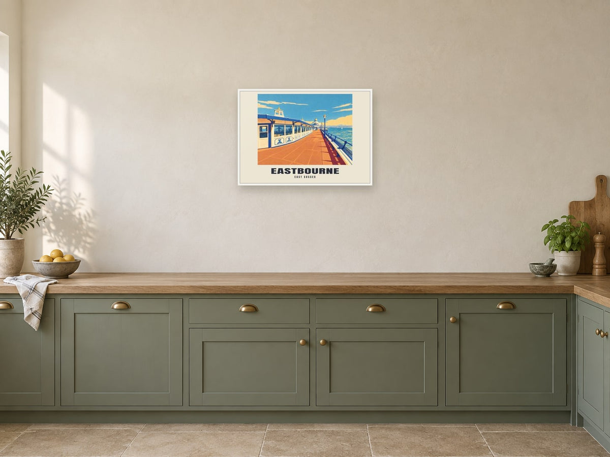 Eastbourne — Retro Railway Art Print at A2, in a white frame, in a kitchen