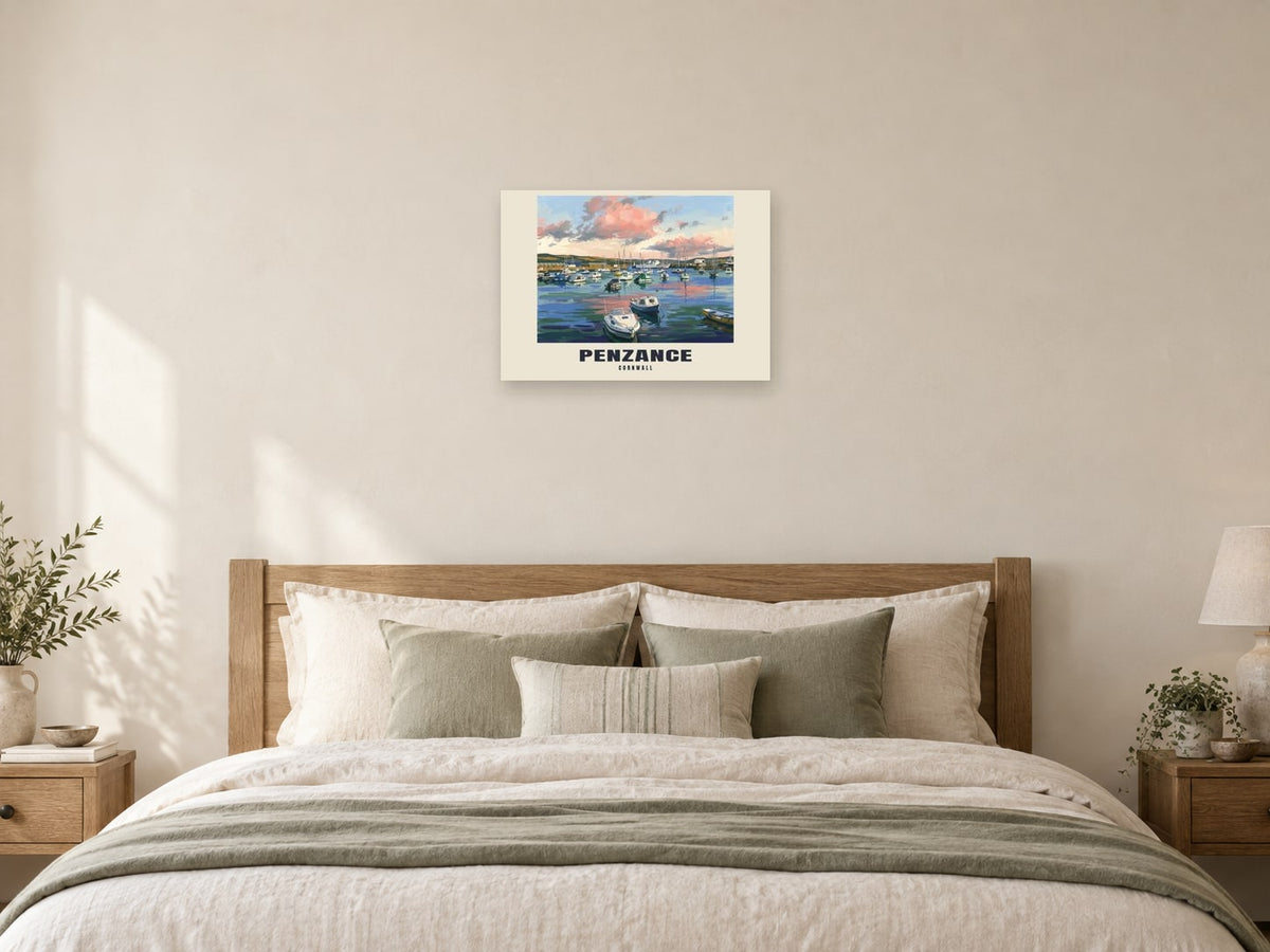 Penzance — Gouache Art Print at A2, as a poster, above a bed