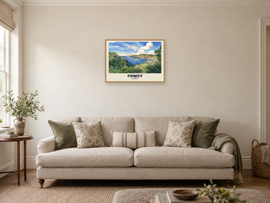 Fowey — Gouache Art Print at A2, in a natural wood frame, in a sitting room
