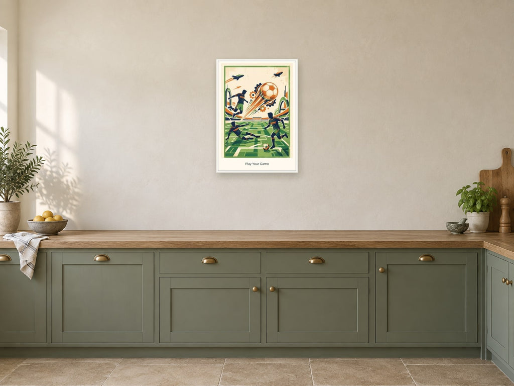 Play Your Game — Football Futures Children’s Art Print at A2, in a white frame, in a kitchen