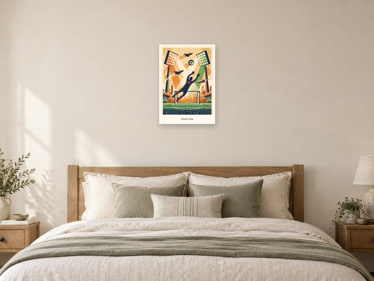Dream Big — Football Futures Children’s Art Print at A2, as a poster, above a bed