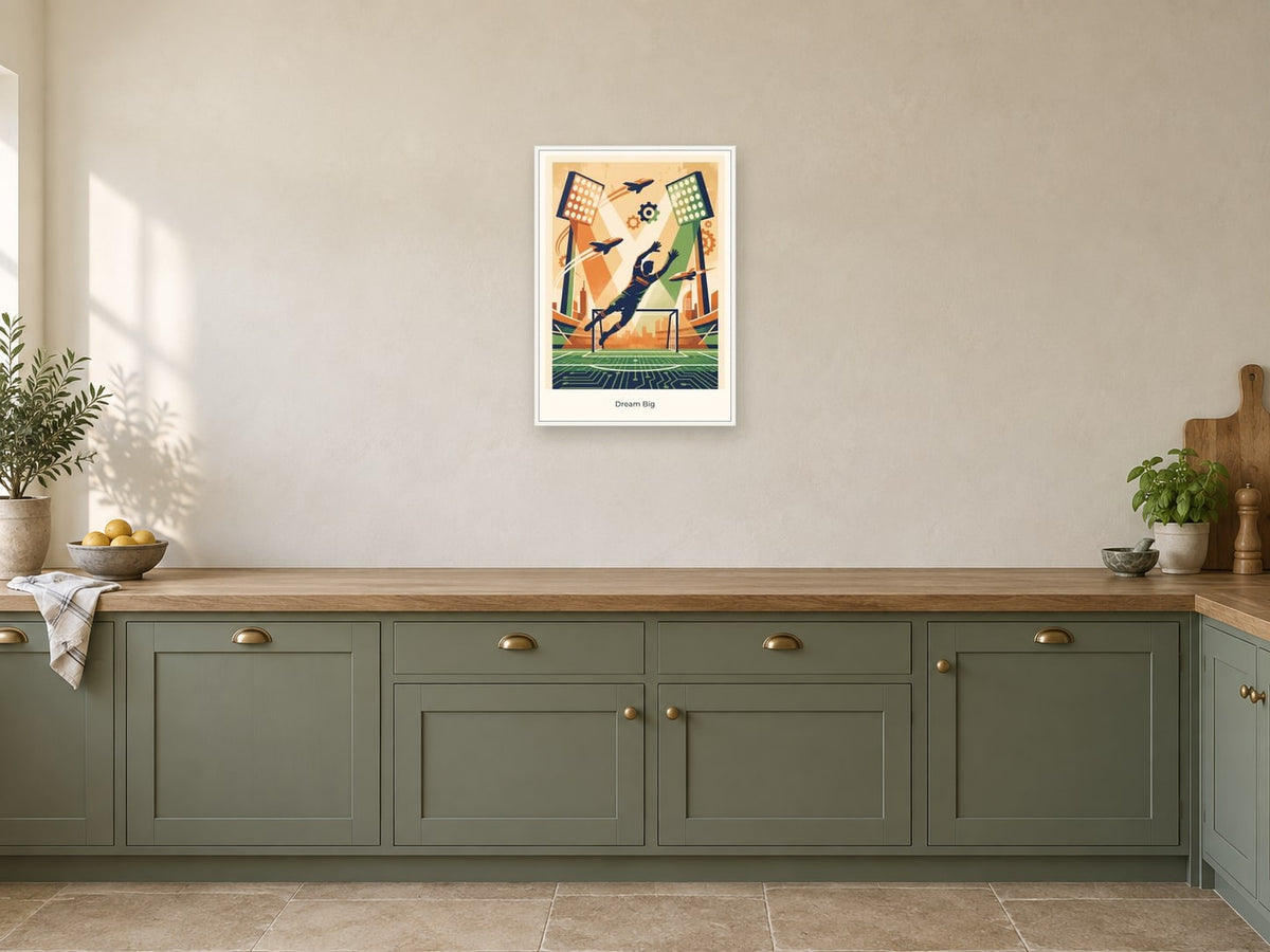 Dream Big — Football Futures Children’s Art Print at A2, in a white frame, in a kitchen