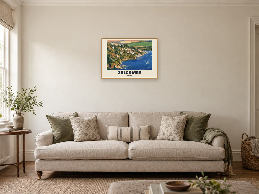 Salcombe — Gouache Art Print at A2, in a natural wood frame, in a sitting room