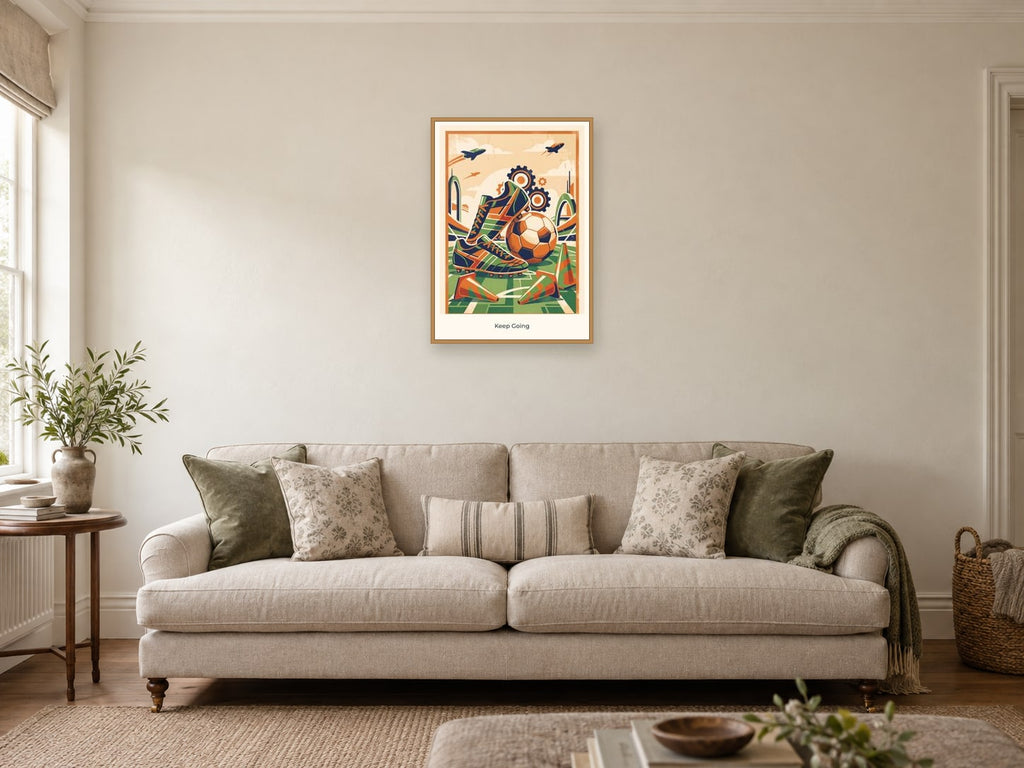 Keep Going — Football Futures Children’s Art Print at A2, in a natural wood frame, in a sitting room