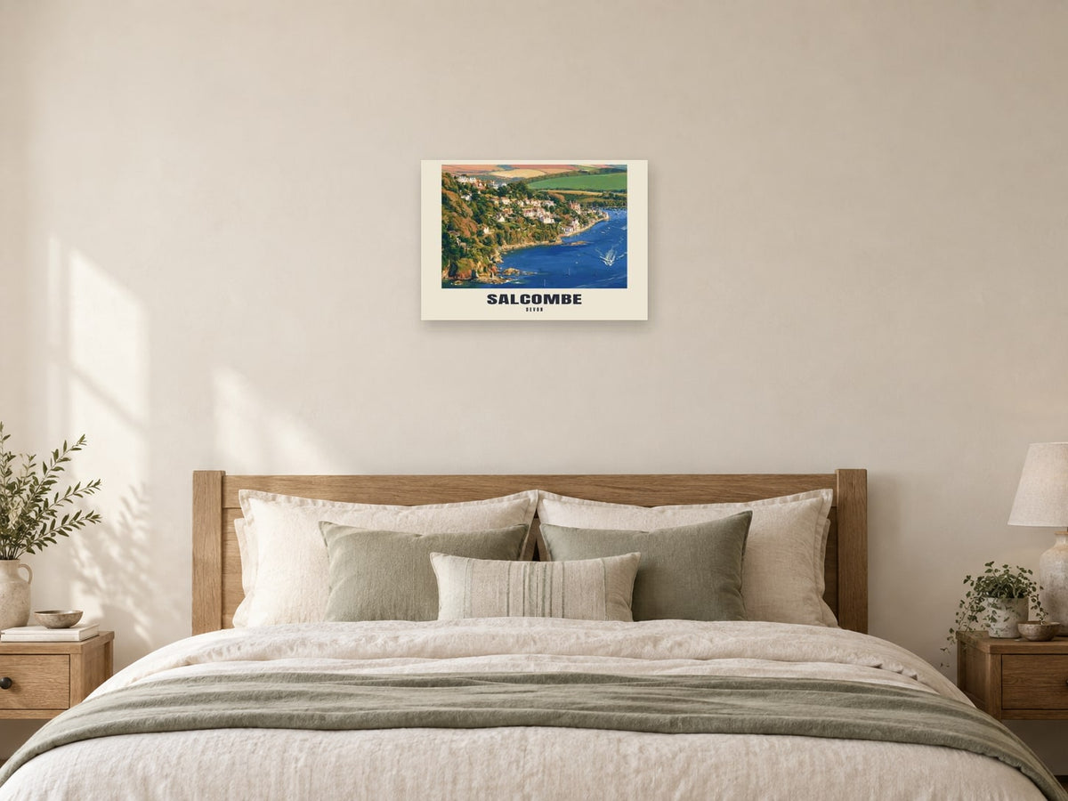 Salcombe — Gouache Art Print at A2, as a poster, above a bed