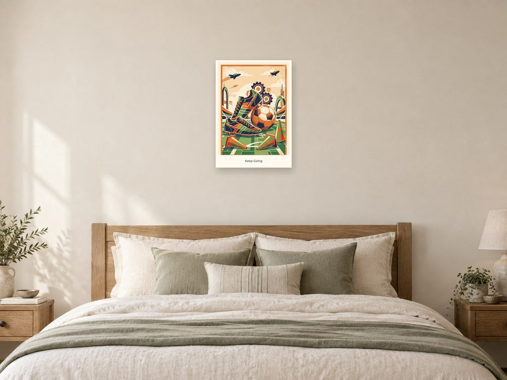 Keep Going — Football Futures Children’s Art Print at A2, as a poster, above a bed