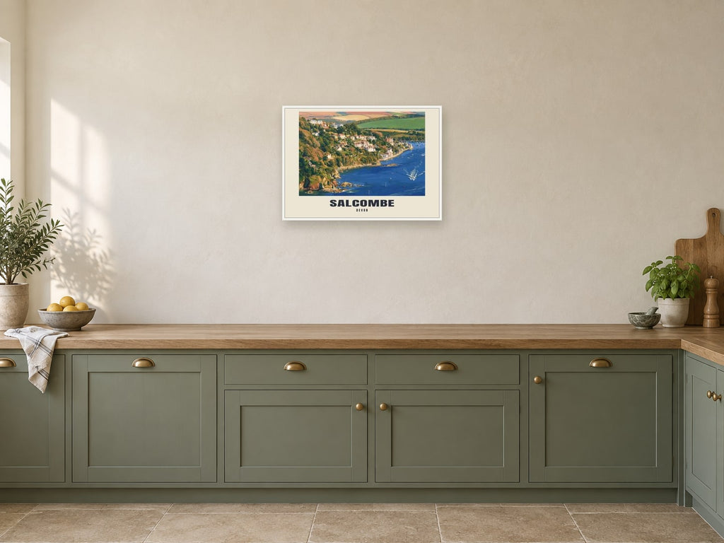 Salcombe — Gouache Art Print at A2, in a white frame, in a kitchen