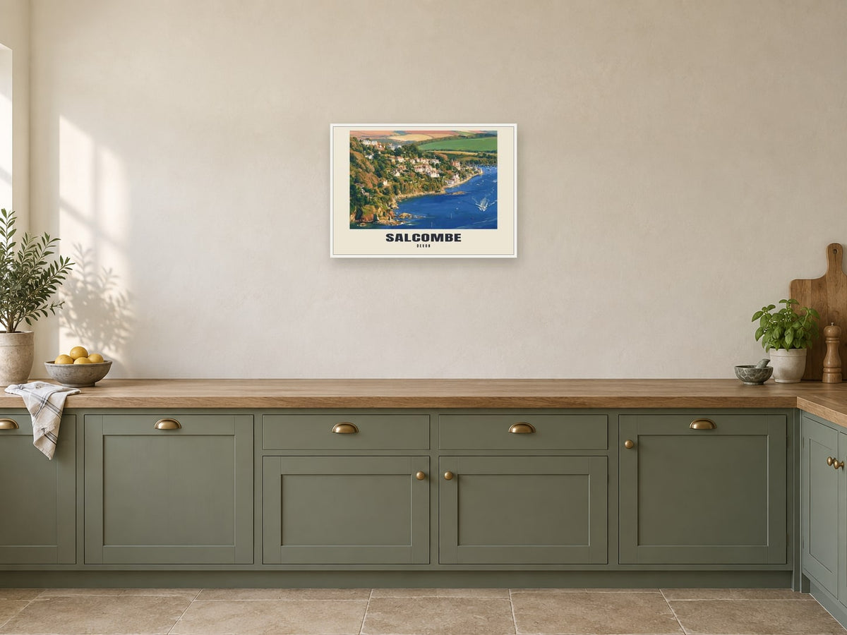 Salcombe — Gouache Art Print at A2, in a white frame, in a kitchen