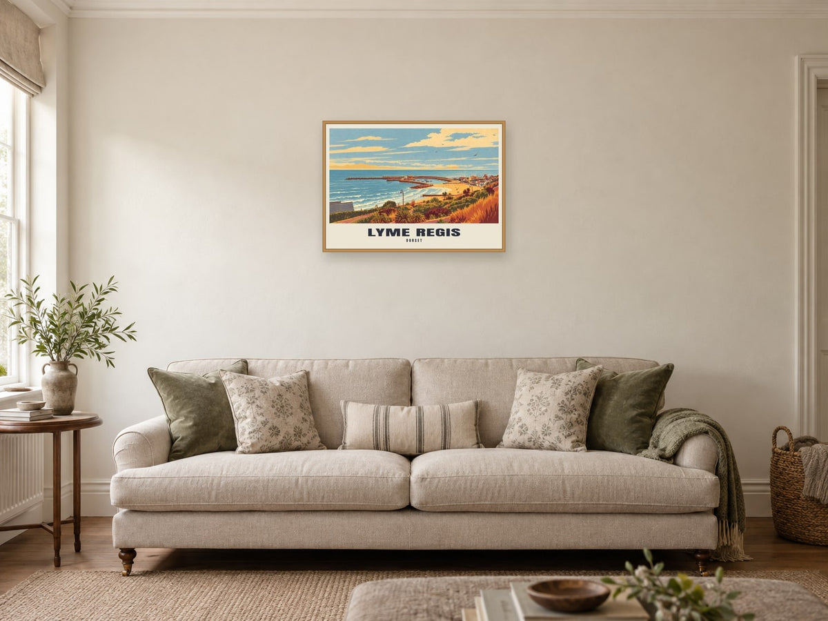 Lyme Regis — Retro Railway Art Print at A2, in a natural wood frame, in a sitting room