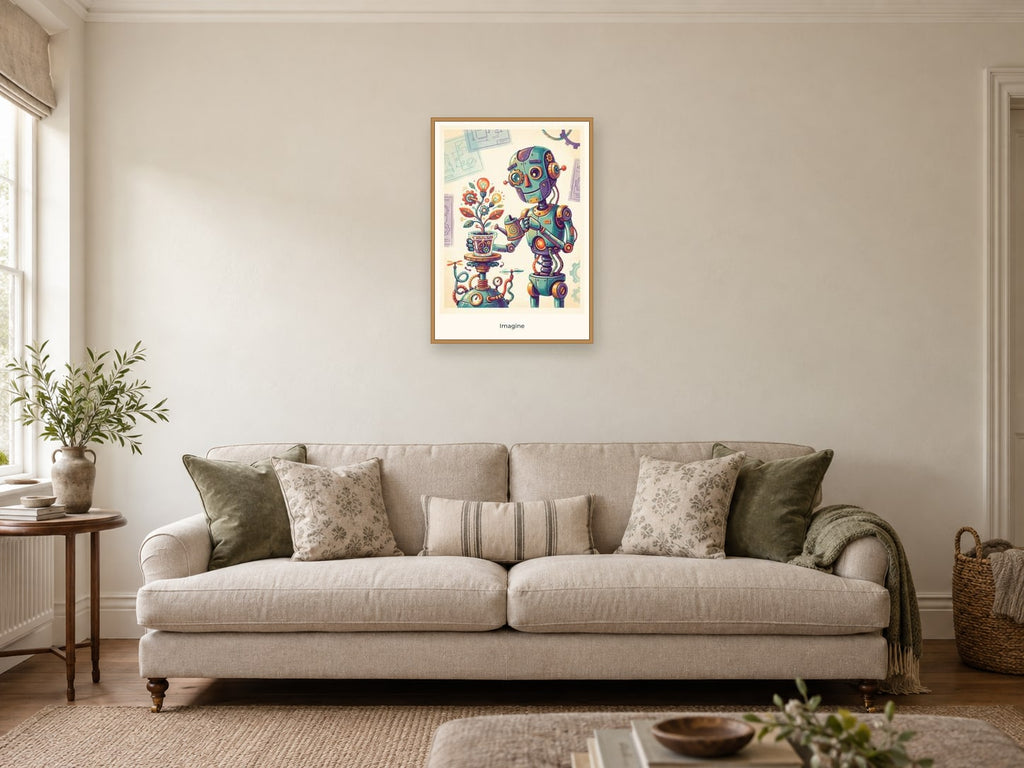 Imagine — Inventor’s Club Children’s Art Print at A2, in a natural wood frame, in a sitting room