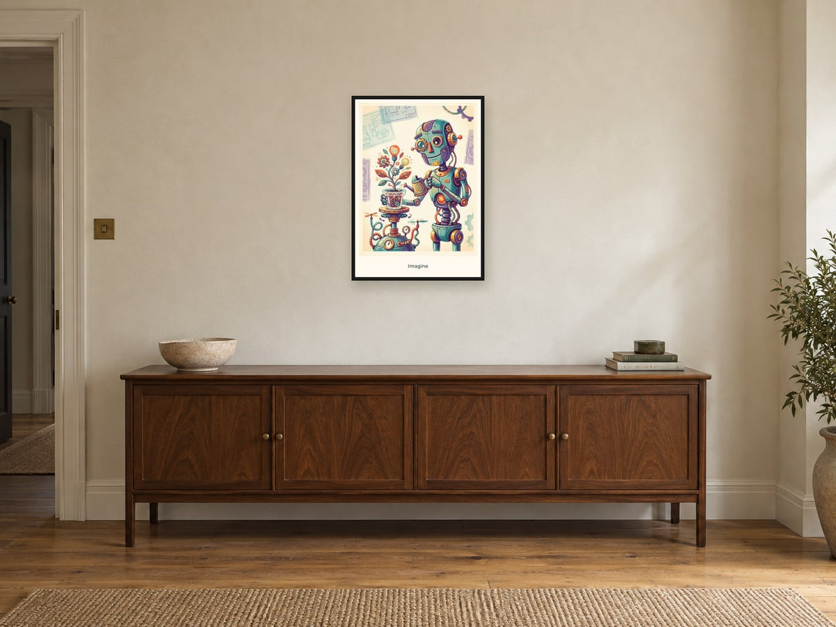 Imagine — Inventor’s Club Children’s Art Print at A2, in a black frame, above a sideboard