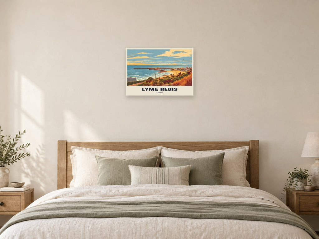 Lyme Regis — Retro Railway Art Print at A2, as a poster, above a bed