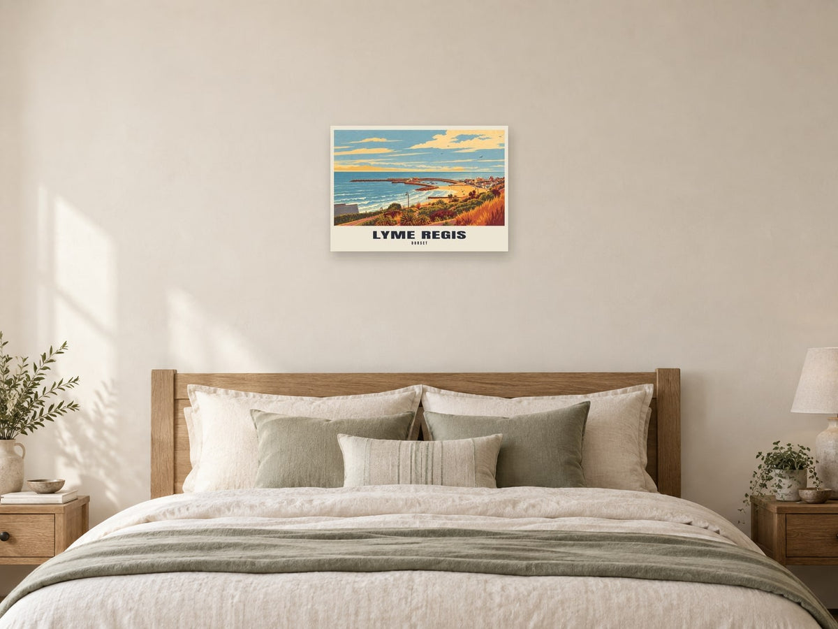 Lyme Regis — Retro Railway Art Print at A2, as a poster, above a bed
