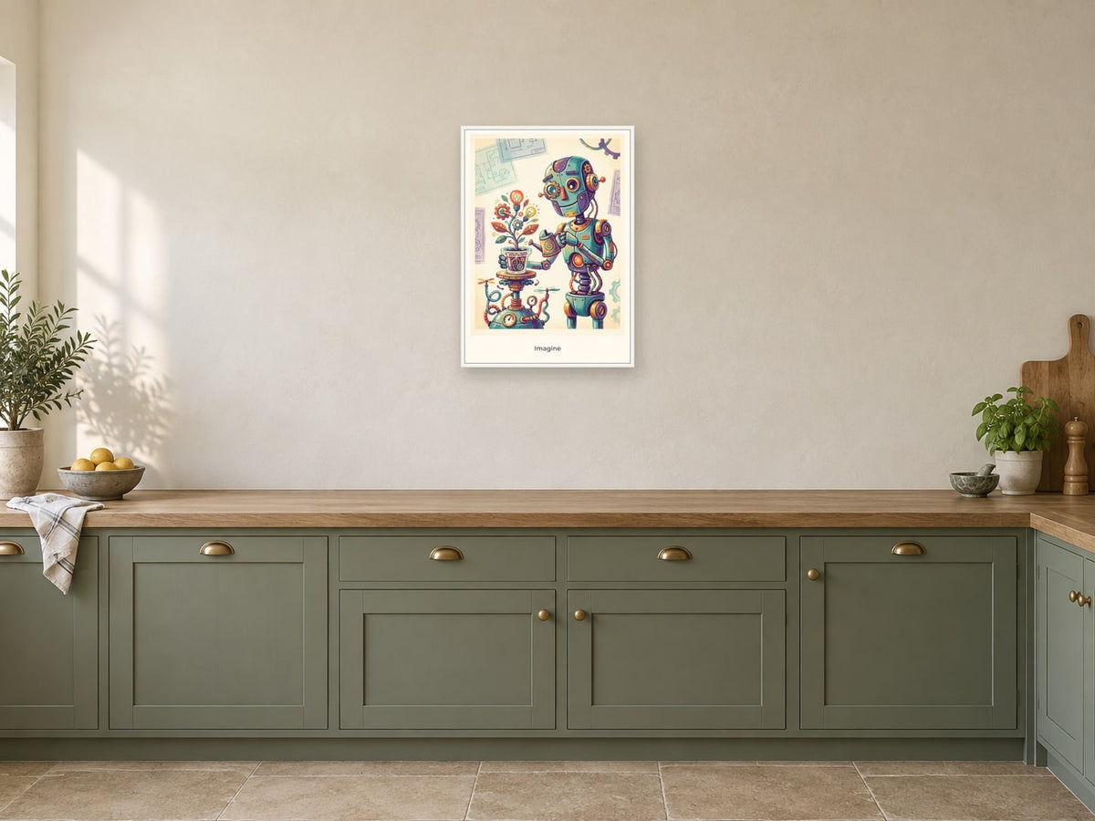 Imagine — Inventor’s Club Children’s Art Print at A2, in a white frame, in a kitchen