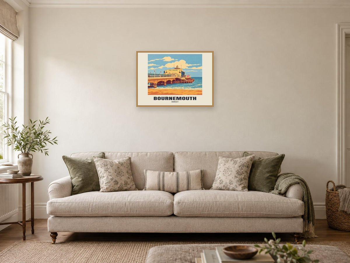 Bournemouth — Retro Railway Art Print at A2, in a natural wood frame, in a sitting room