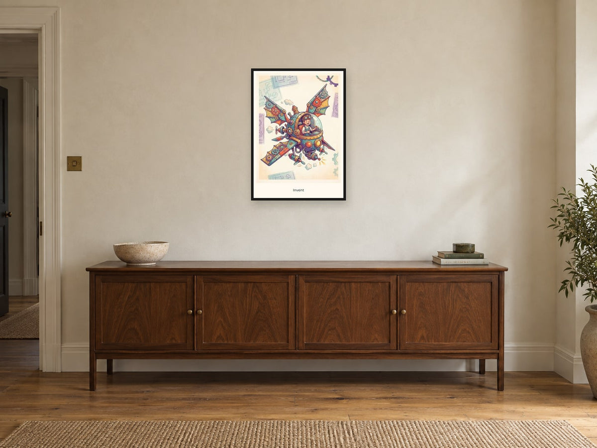 Invent — Inventor’s Club Children’s Art Print at A2, in a black frame, above a sideboard