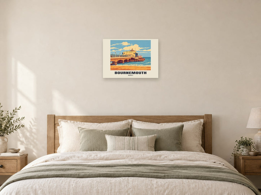 Bournemouth — Retro Railway Art Print at A2, as a poster, above a bed