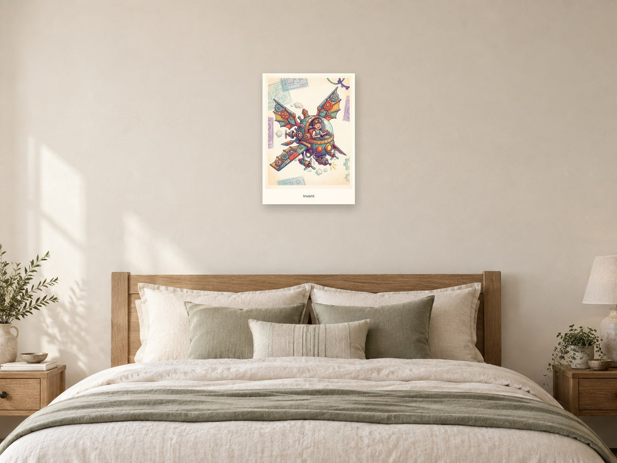 Invent — Inventor’s Club Children’s Art Print at A2, as a poster, above a bed