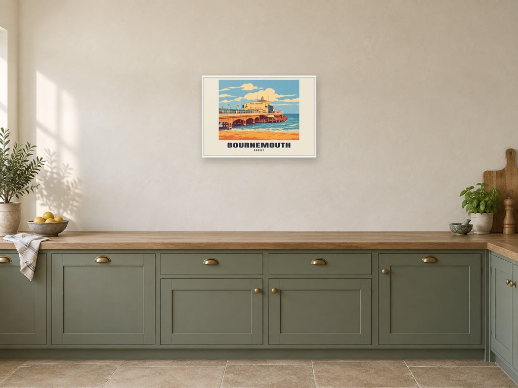 Bournemouth — Retro Railway Art Print at A2, in a white frame, in a kitchen