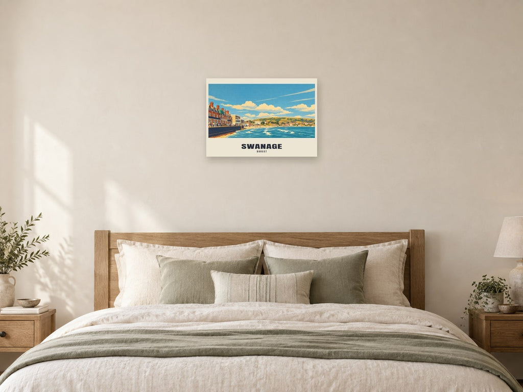 Swanage — Retro Railway Art Print at A2, as a poster, above a bed