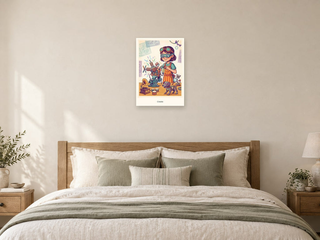 Create — Inventor’s Club Children’s Art Print at A2, as a poster, above a bed