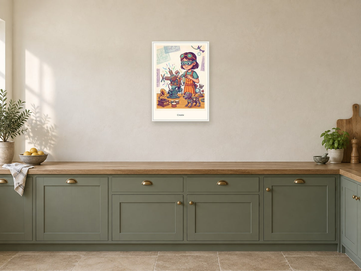 Create — Inventor’s Club Children’s Art Print at A2, in a white frame, in a kitchen