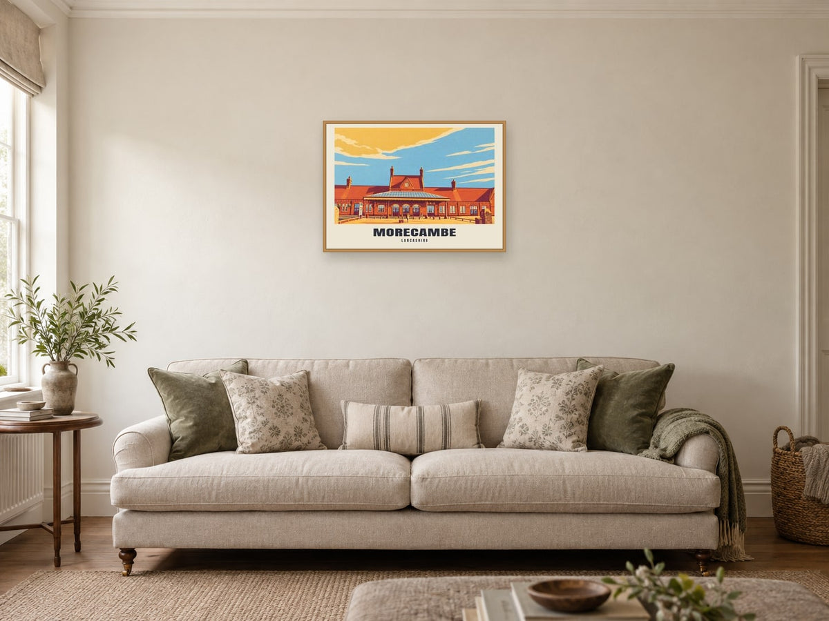 Morecambe — Retro Railway Art Print at A2, in a natural wood frame, in a sitting room