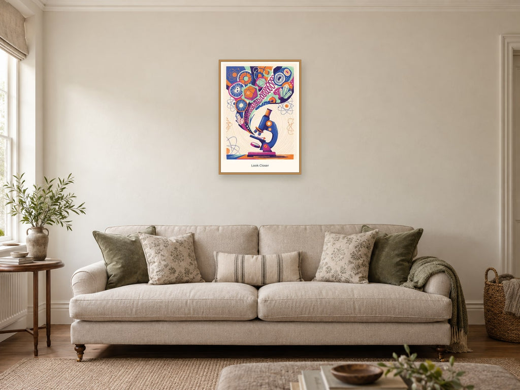 Look Closer — Science Sparks Children’s Art Print at A2, in a natural wood frame, in a sitting room