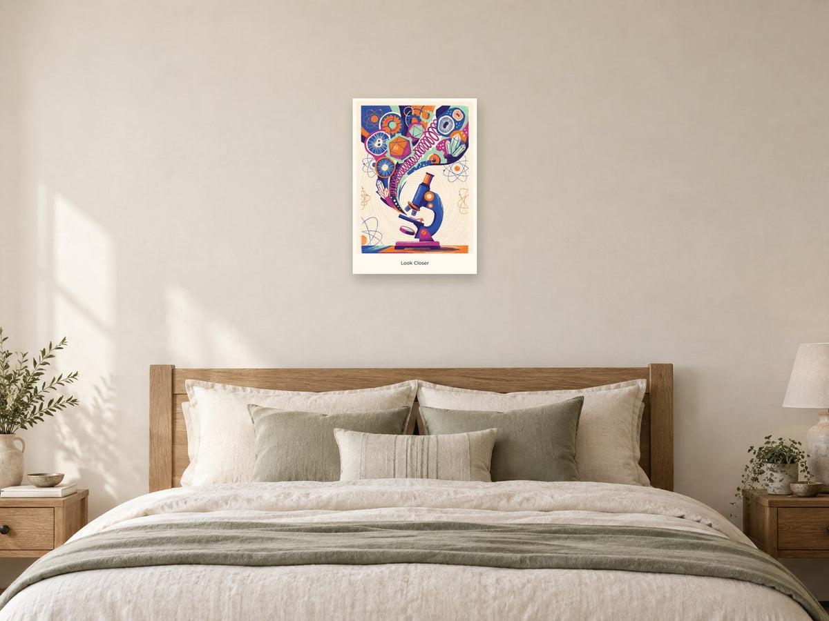 Look Closer — Science Sparks Children’s Art Print at A2, as a poster, above a bed