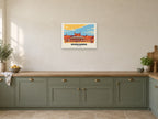Morecambe — Retro Railway Art Print at A2, in a white frame, in a kitchen