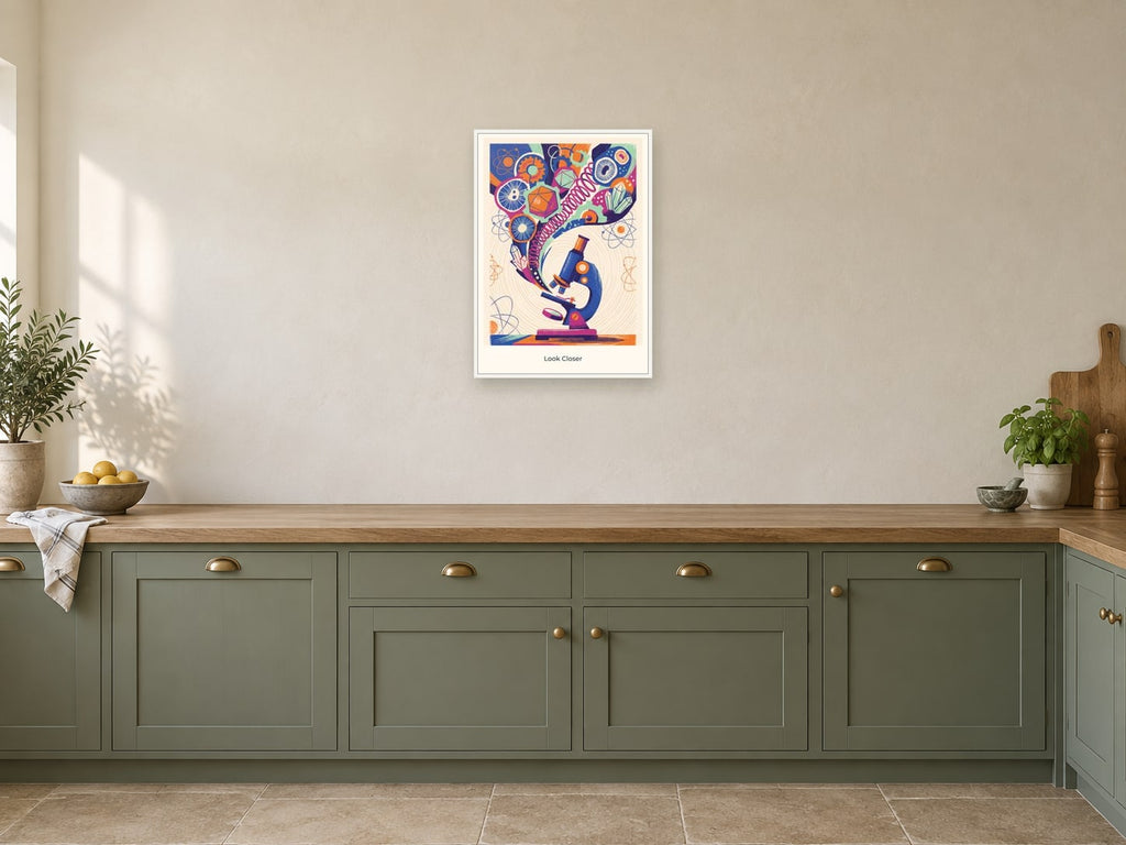 Look Closer — Science Sparks Children’s Art Print at A2, in a white frame, in a kitchen