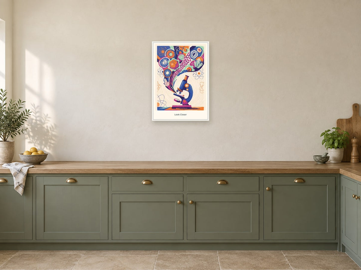 Look Closer — Science Sparks Children’s Art Print at A2, in a white frame, in a kitchen