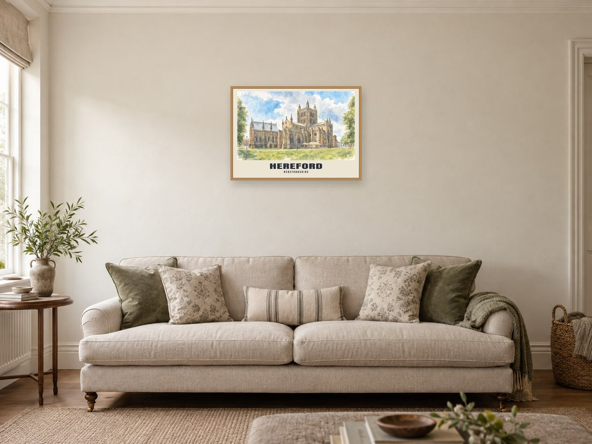 Hereford — English Watercolour Art Print at A2, in a natural wood frame, in a sitting room