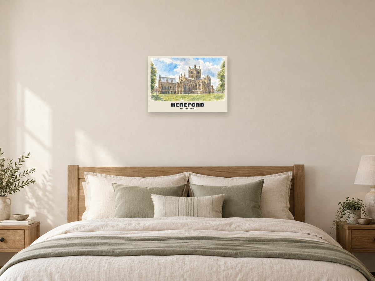 Hereford — English Watercolour Art Print at A2, as a poster, above a bed