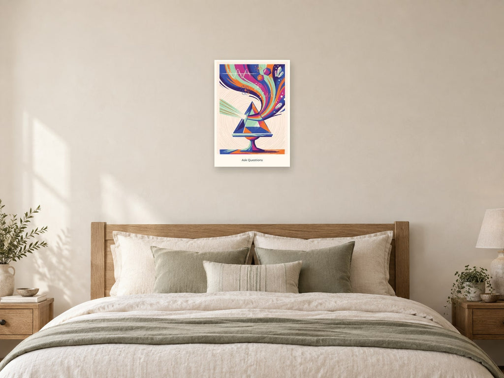 Ask Questions — Science Sparks Children’s Art Print at A2, as a poster, above a bed