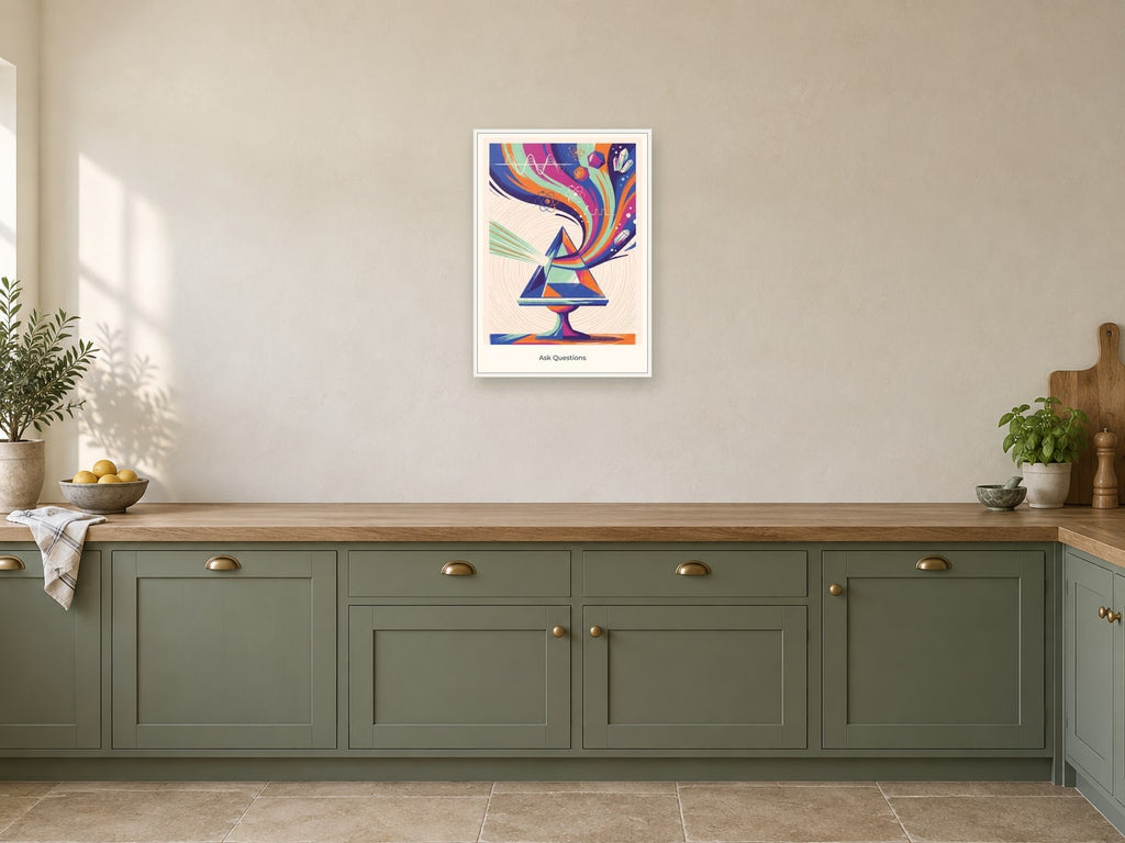 Ask Questions — Science Sparks Children’s Art Print at A2, in a white frame, in a kitchen