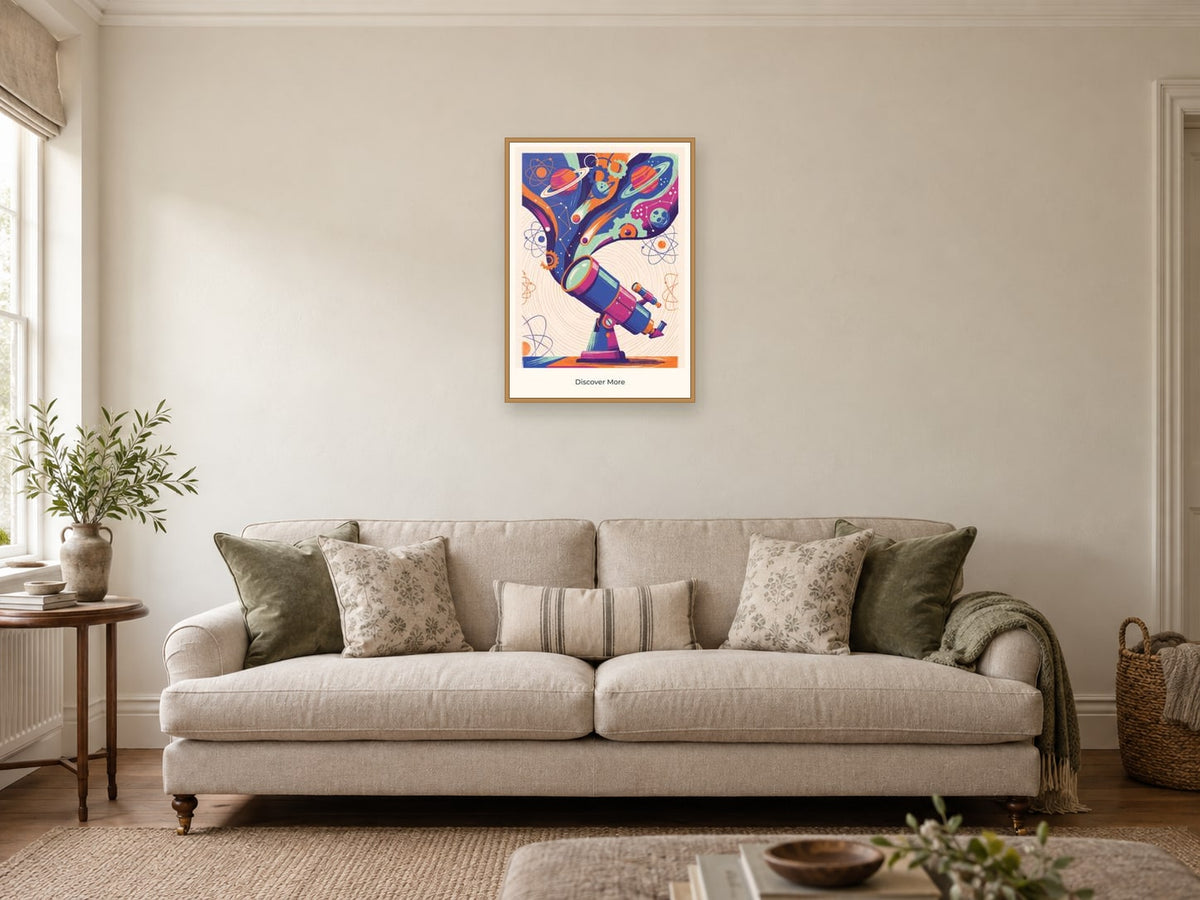 Discover More — Science Sparks Children’s Art Print at A2, in a natural wood frame, in a sitting room