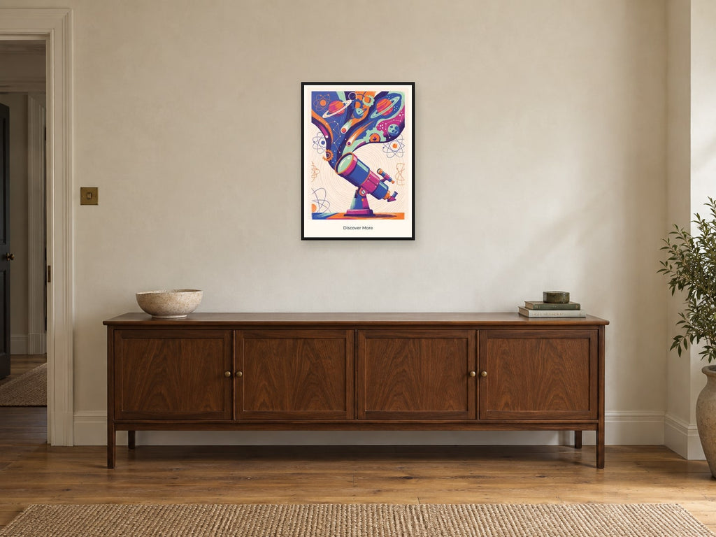Discover More — Science Sparks Children’s Art Print at A2, in a black frame, above a sideboard