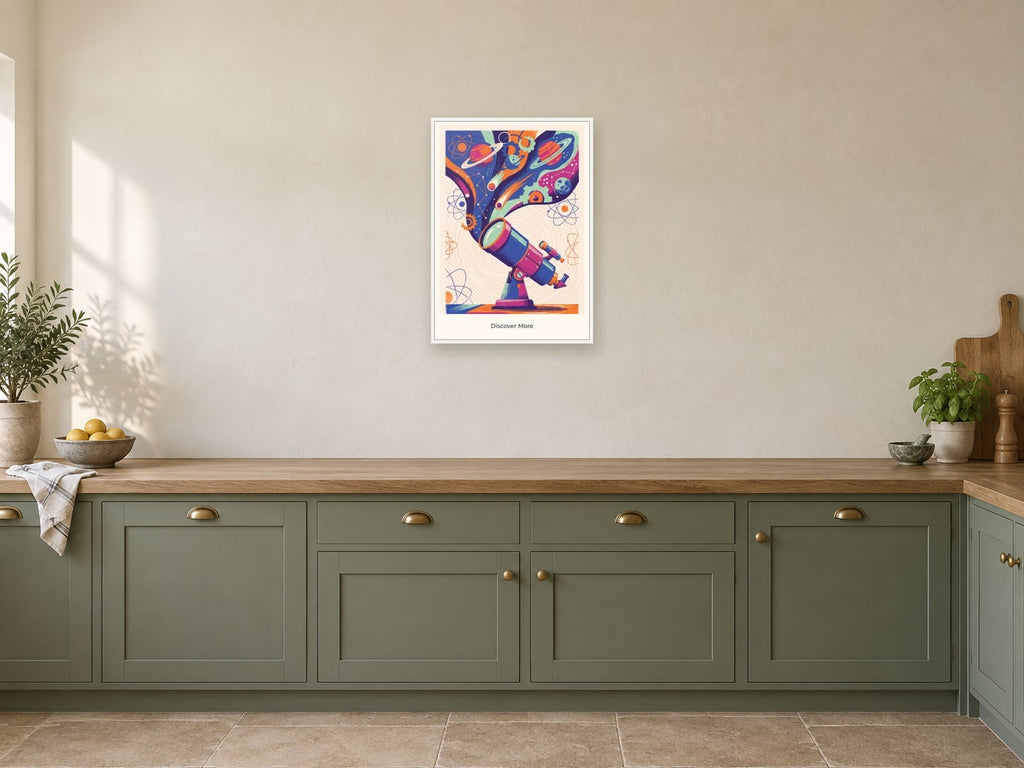 Discover More — Science Sparks Children’s Art Print at A2, in a white frame, in a kitchen