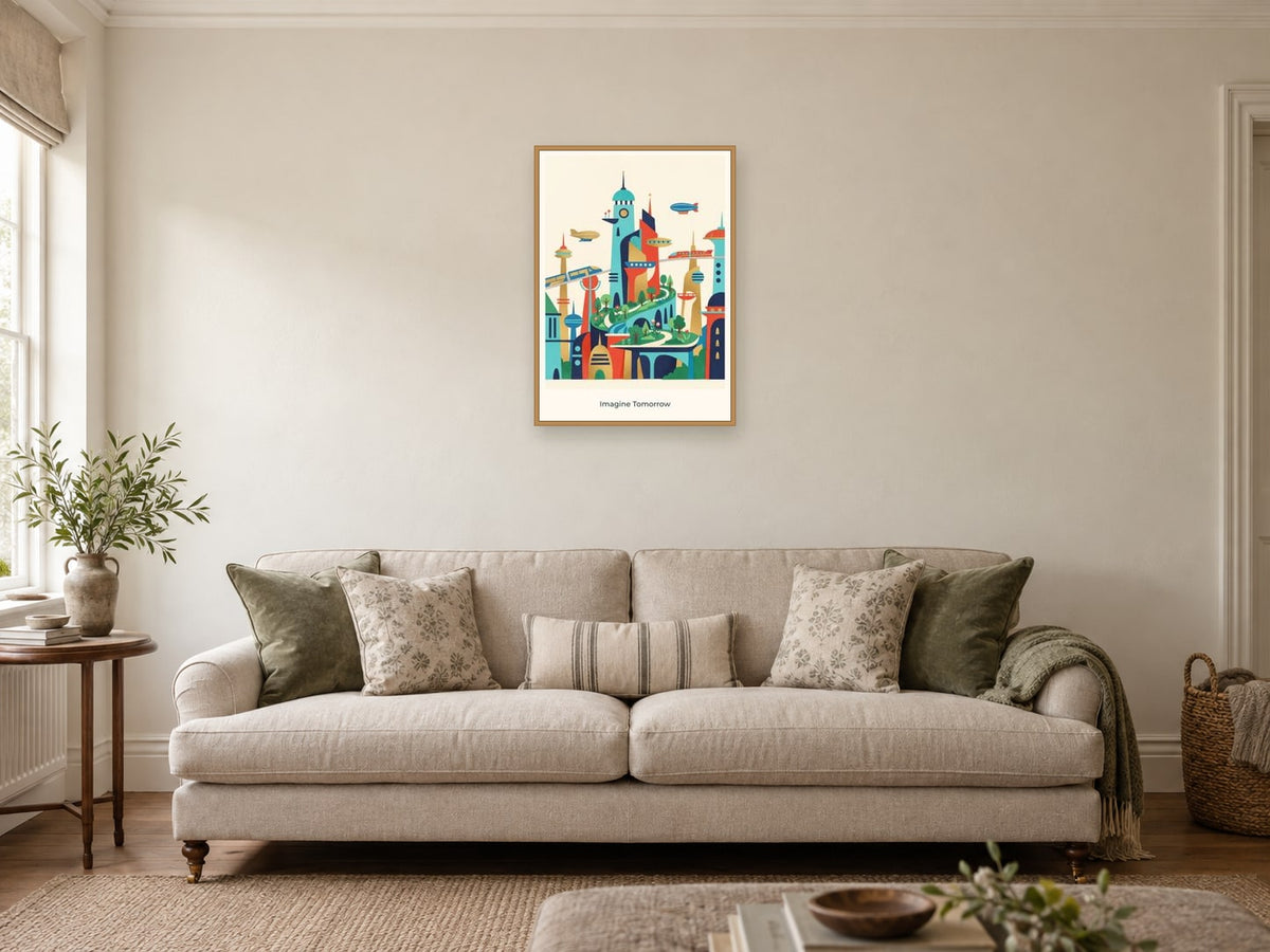 Imagine Tomorrow — City of Tomorrow Children’s Art Print at A2, in a natural wood frame, in a sitting room