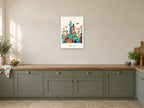 Imagine Tomorrow — City of Tomorrow Children’s Art Print at A2, in a white frame, in a kitchen