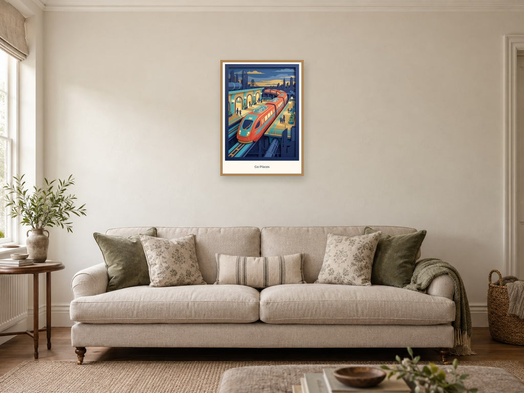 Go Places — City of Tomorrow Children’s Art Print at A2, in a natural wood frame, in a sitting room