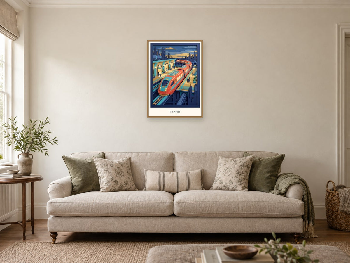 Go Places — City of Tomorrow Children’s Art Print at A2, in a natural wood frame, in a sitting room